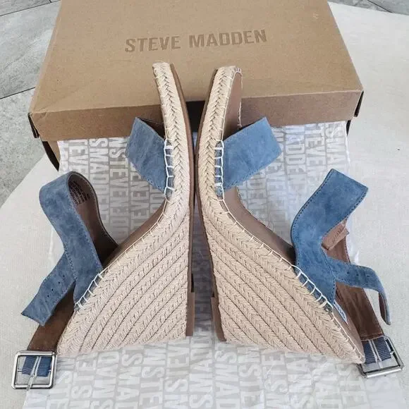 New in Box Steve Madden Blue Suede Uri Espadille Wedges Shoes Womens 9 - Picture 4 of 7